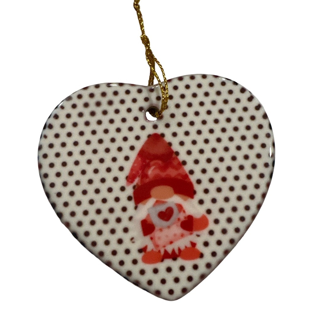 Red Gnome Heart Ceramic Ornament Polka Dot Holiday Decor Christmas